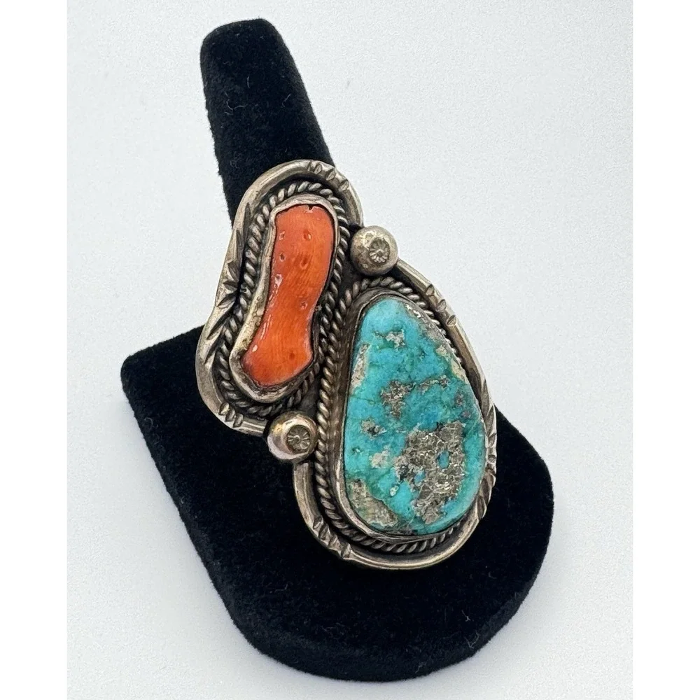 Navajo Sterling Silver Turquoise Coral Ring Size 10 Vintage c1960s 20g